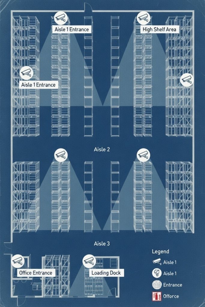 Warehouse security systems camera setup for long aisles and high-bay storage, Coastal Security Systems, camera systems design for warehouse diagram,